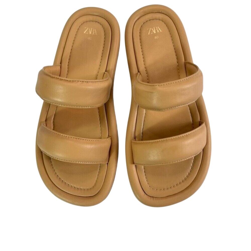 Zara Flat Sandals Womens EU 40 US 10 Quilted Straps Beige Minimalist